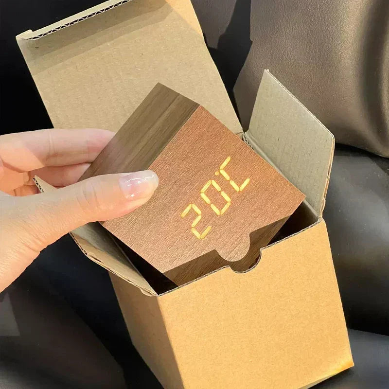 Wooden LED Digital Alarm Clock Cube Design with Temperature Display and Sound Control — Image 4