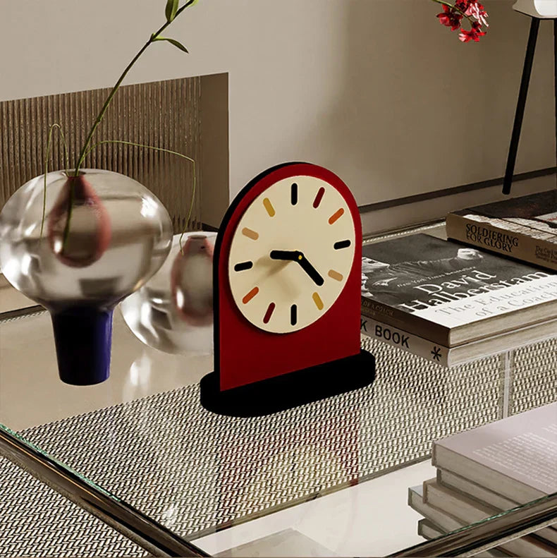 Voyage Modern Arch Table Clock Red Wood Marble Stylish Home Decor Office Desk — Image 2