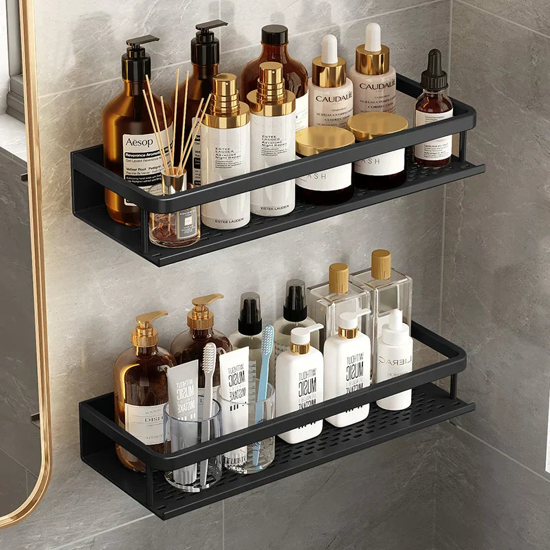 Modern Wall-Mounted Bathroom Shelf Organizer Black Metal 2-Tier Storage Rack — Image 3