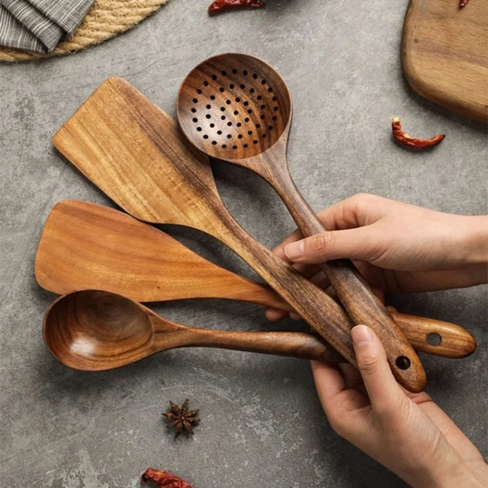 Premium Wooden Kitchen Utensil Set with Holder 7-Piece Natural Acacia Wood Cooking Tools — Image 3
