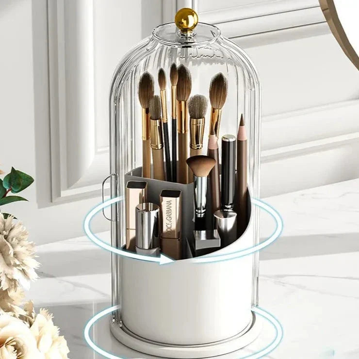 Luxury Makeup Brush Holder Rotating Cover Glass Acrylic Organizer Gold Accent — Image 7