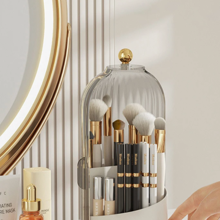 Luxury Makeup Brush Holder Rotating Cover Glass Acrylic Organizer Gold Accent — Image 5