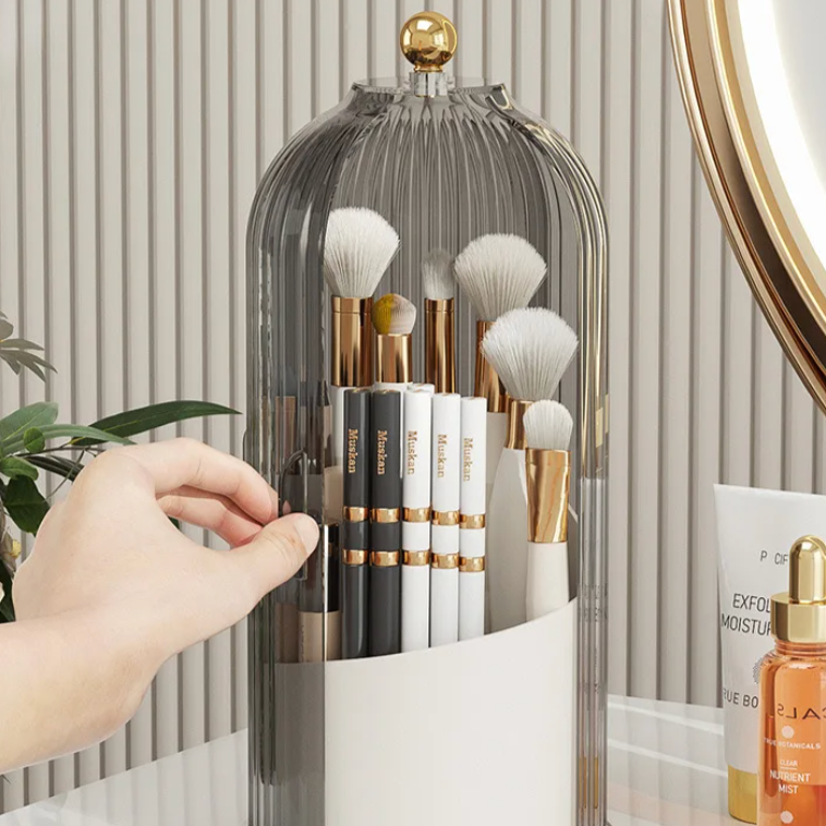 Luxury Makeup Brush Holder Rotating Cover Glass Acrylic Organizer Gold Accent — Image 4