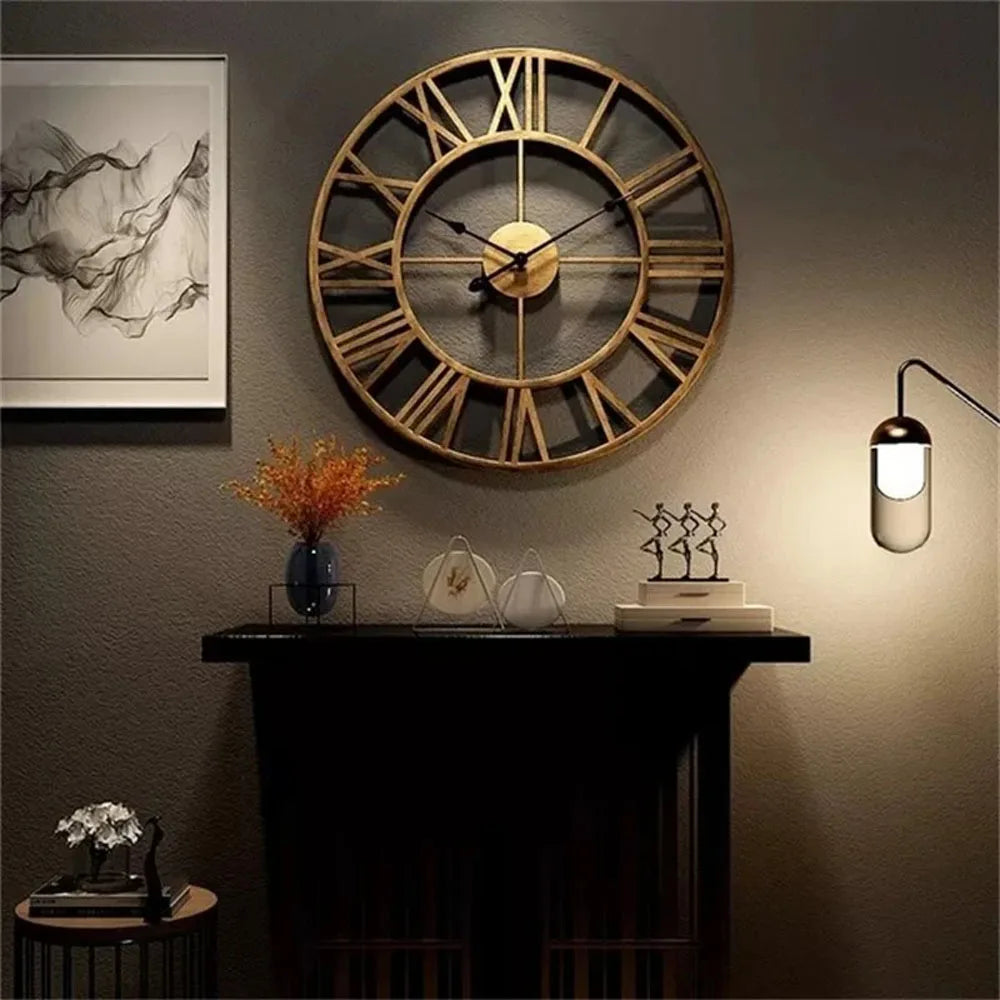 Large Metal Wall Clock with Roman Numerals in Gold for Home Décor — Main Image