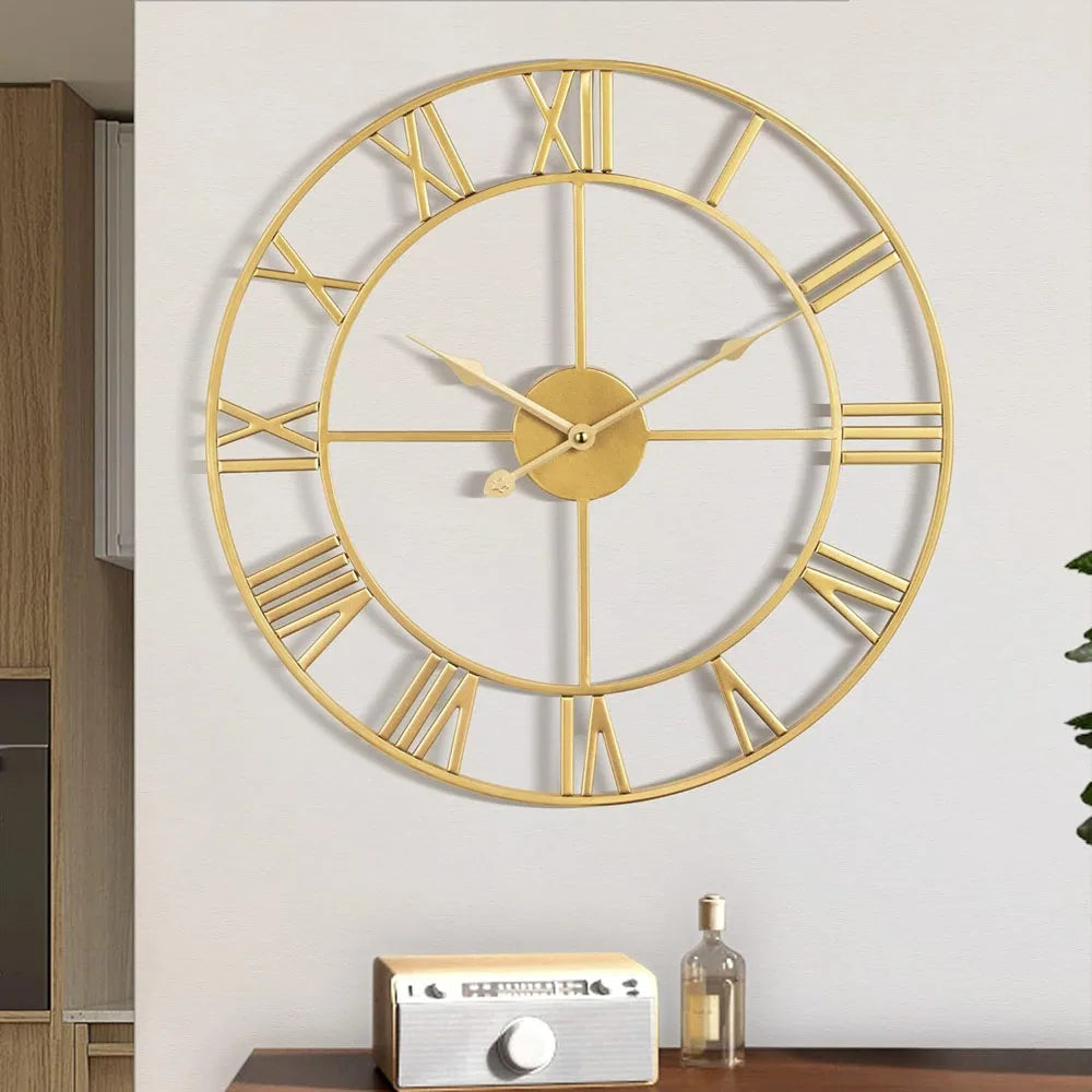 Large Metal Wall Clock with Roman Numerals in Gold for Home Décor — Image 4