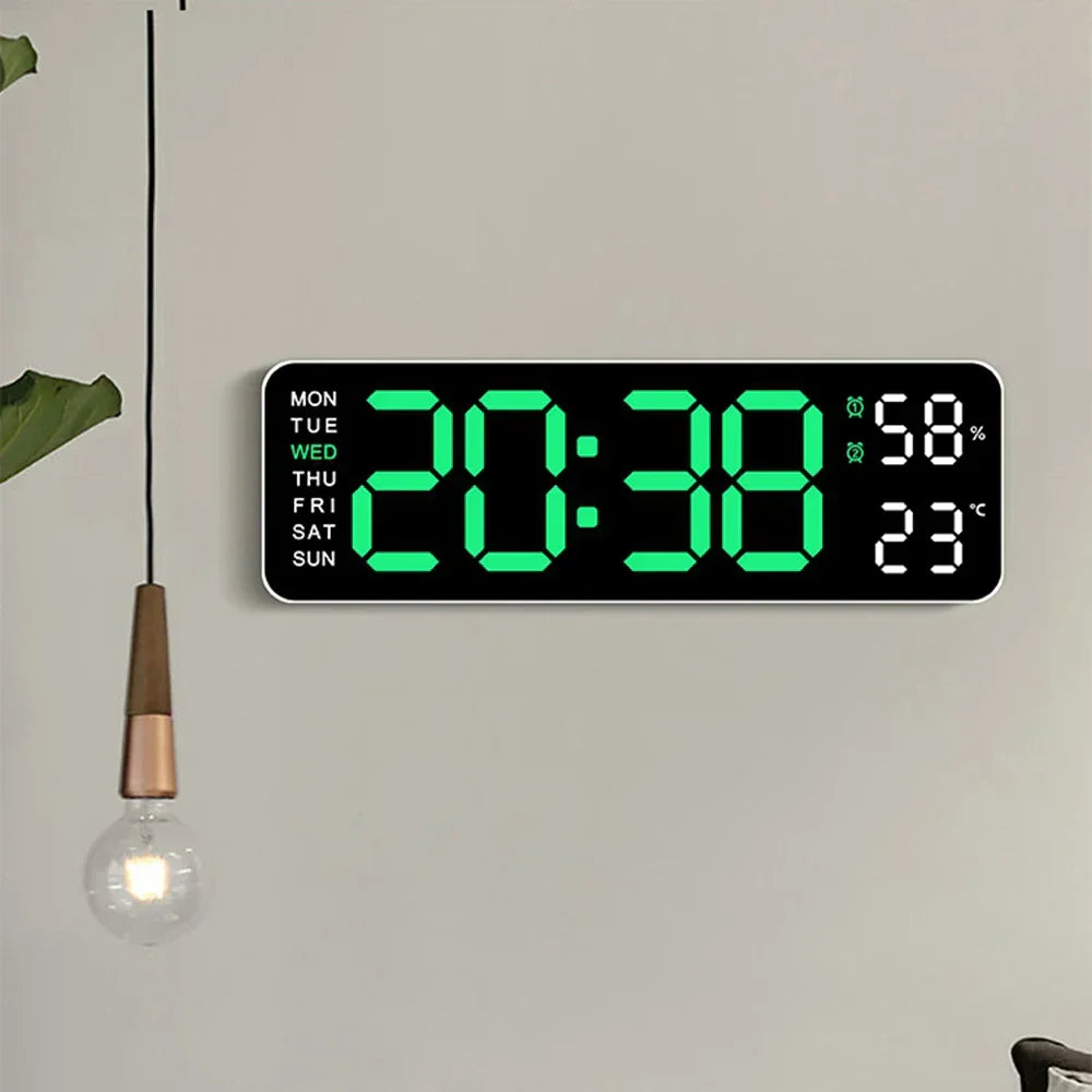 Digital Wall Clock LED Display with Temperature Humidity Dual Alarm Adjustable Brightness Modern Home Decor — Main Image