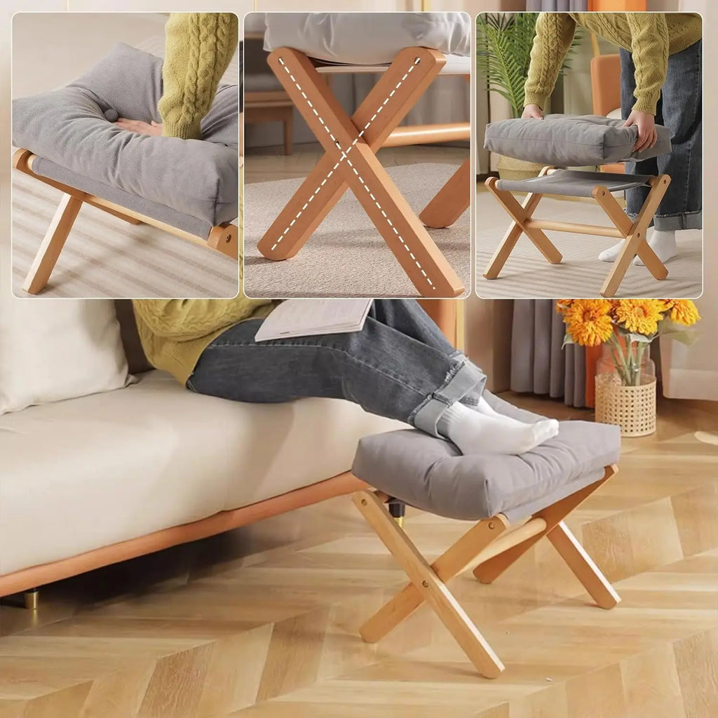 Foldable Wooden Footrest Stool with Grey Linen Cushion, 45x33x40cm — Image 6