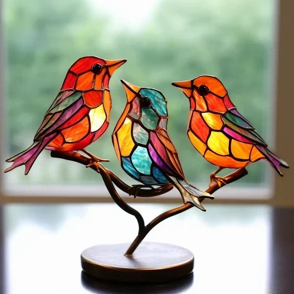Handcrafted Stained Glass Bird Figurine Set Multicolor Home Decor Art Sculpture — Image 3