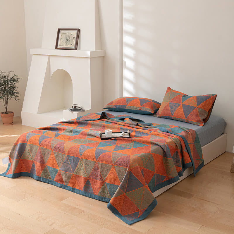 Luxury Cotton Quilt Set Geometric Pattern Orange Blue King Size Soft Breathable Bedding with Pillow Shams — Image 6