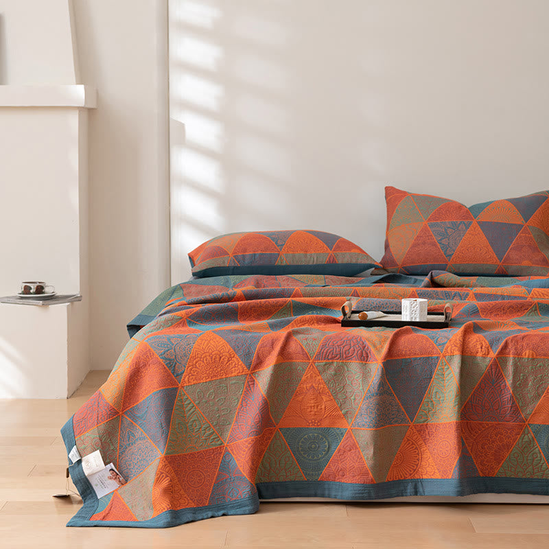 Luxury Cotton Quilt Set Geometric Pattern Orange Blue King Size Soft Breathable Bedding with Pillow Shams — Image 3