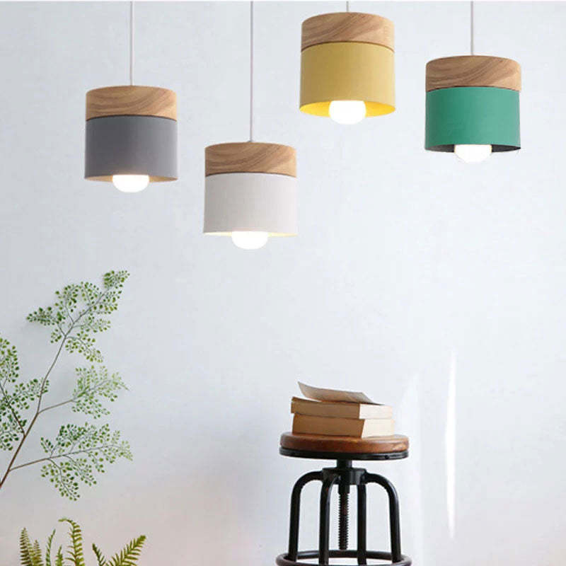 Scandinavian Pendant Light Wood Metal Cylinder Ceiling Fixture Multi-Color — Main Image