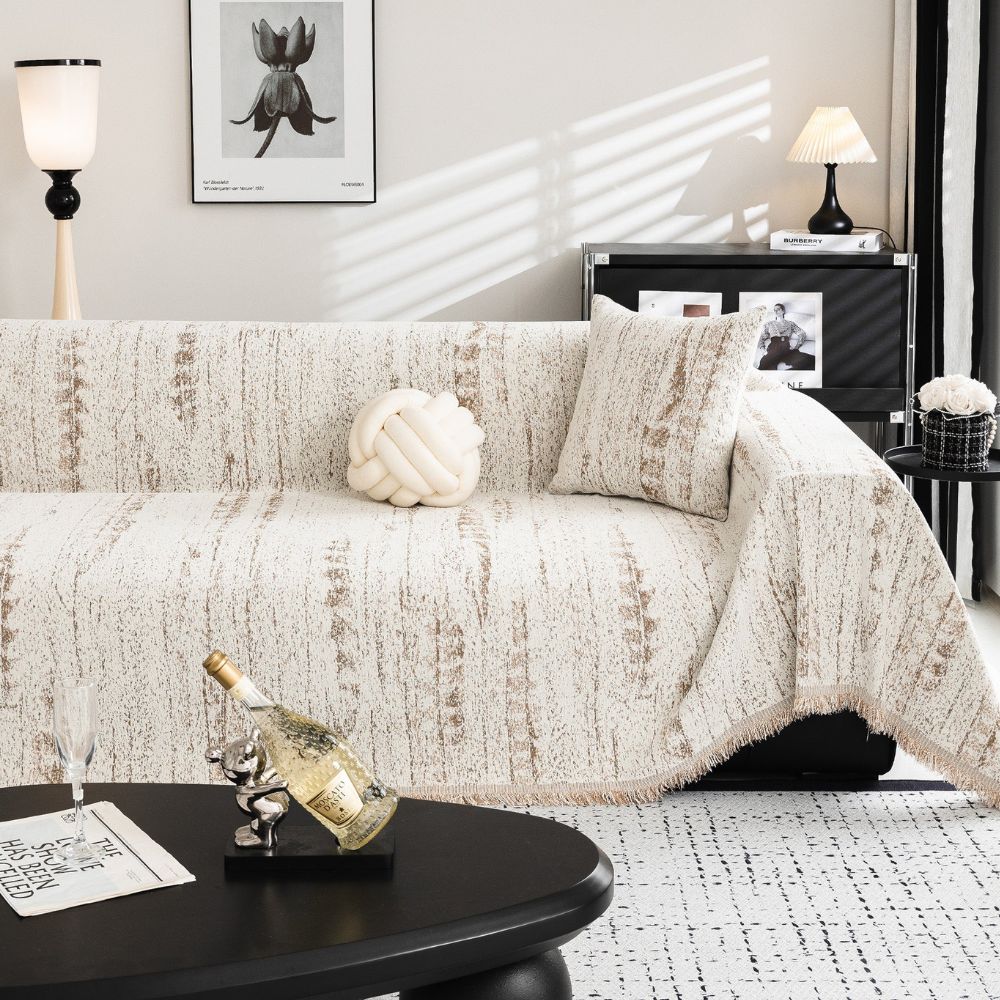 Elegant Textured Sofa Cover Cotton Blend Slipcover Beige Living Room Protector — Image 3