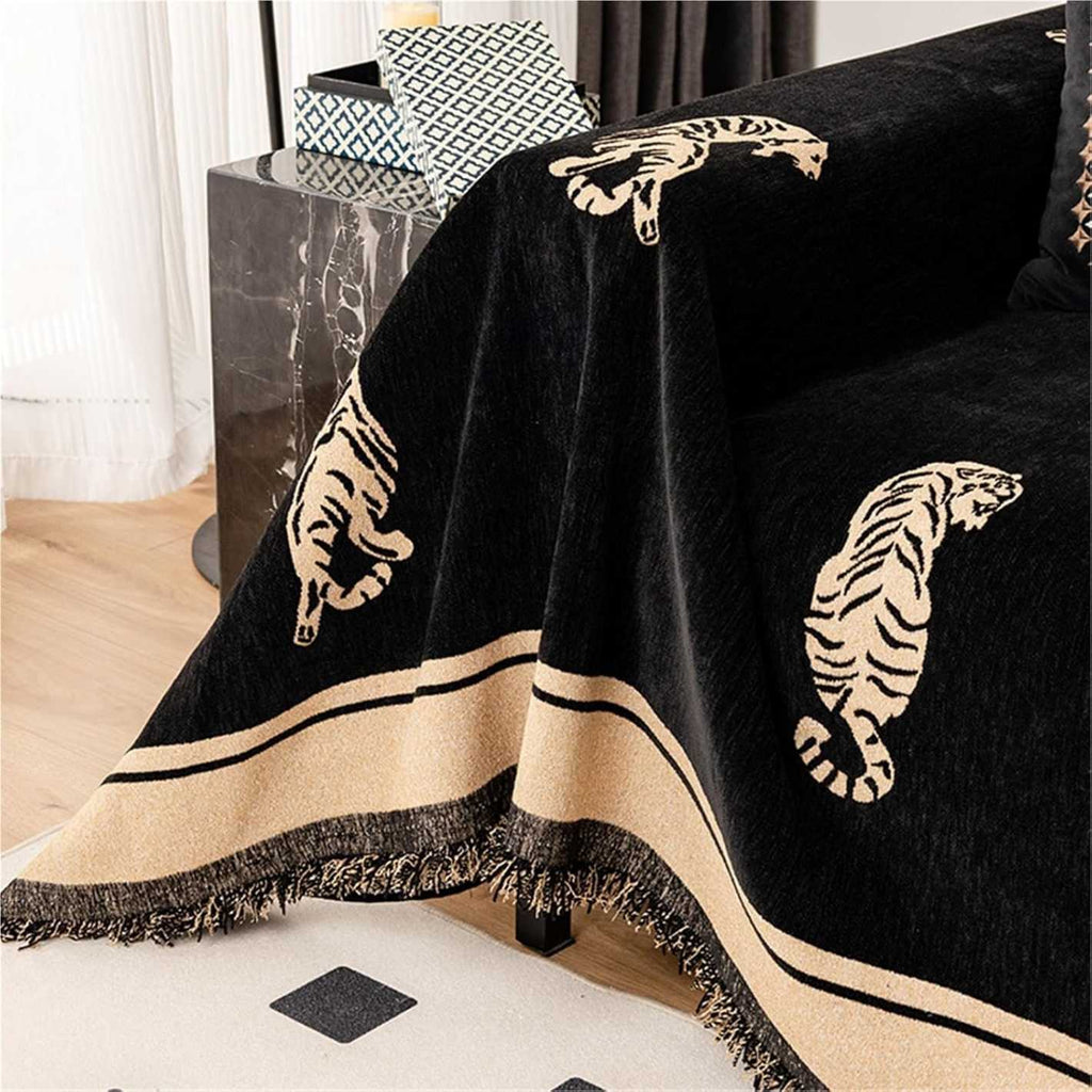 Luxury Woven Sofa Throw Blanket Cotton Blend Tiger Pattern Fringed Edges — Image 5