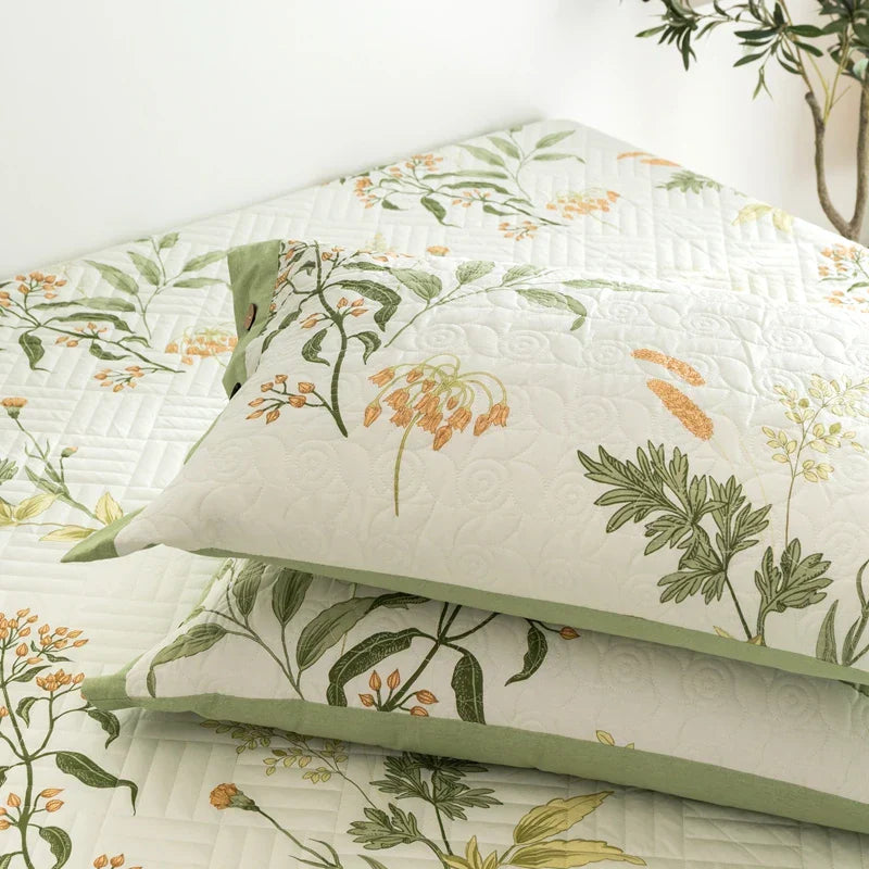 Floral Quilted Bedspread Set Cotton Green Botanical Pattern King Size — Image 9
