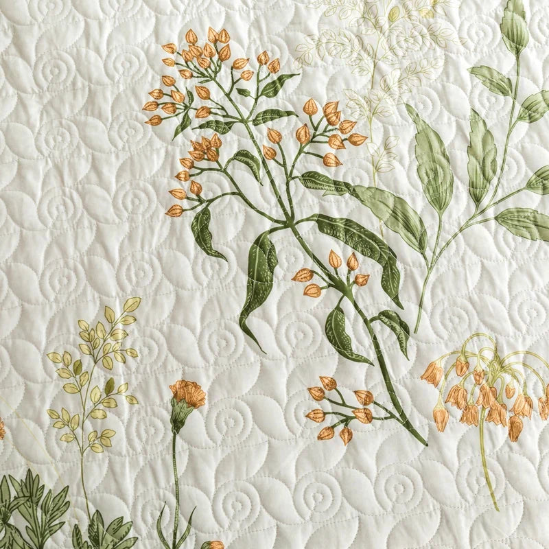 Floral Quilted Bedspread Set Cotton Green Botanical Pattern King Size — Image 7