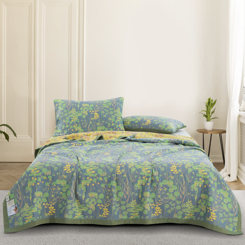 Reversible Floral Comforter Set Cotton Green Yellow King Size Bedding — Image 2