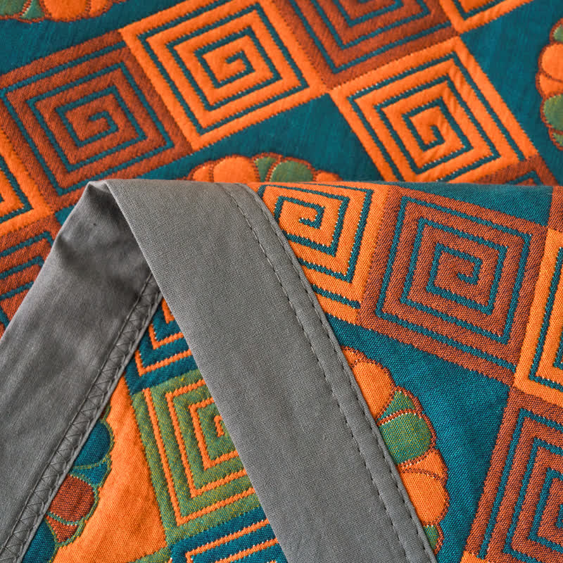 Geometric Quilted Bedspread Set Cotton Orange Green Pattern King Size Reversible — Image 3