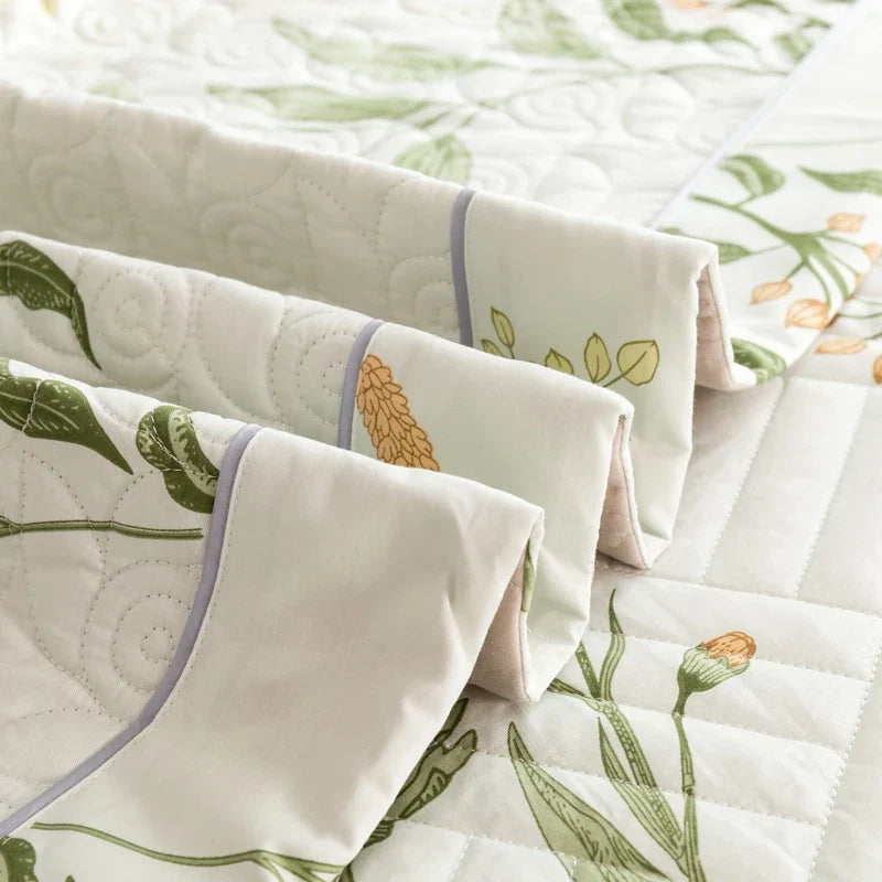 Floral Quilted Bedspread Set Cotton Green Botanical Pattern King Size — Image 4