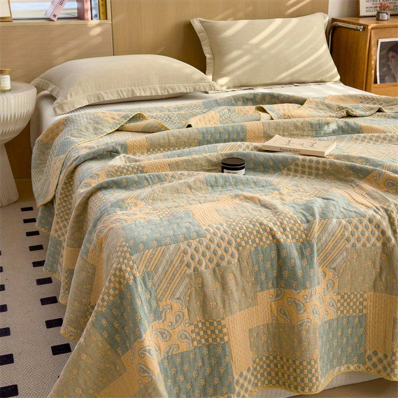 Elegant Patchwork Cotton Quilt Blanket Reversible Beige Blue Soft Lightweight Bedding — Image 7