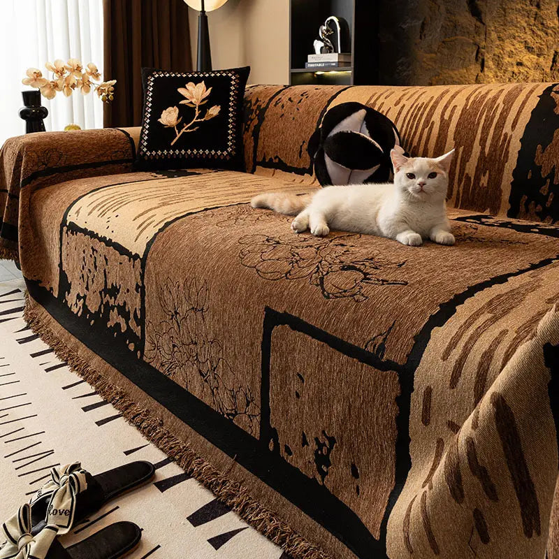 Elegant Woven Sofa Throw Blanket Cotton Blend Floral Pattern Brown — Main Image