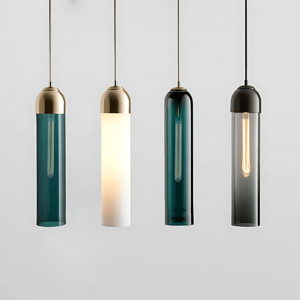 Contemporary Cylinder Glass Pendant Light Fixture – Clear & Blue, 40cm Height, 10cm Diameter — Image 8