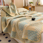 Elegant Patchwork Cotton Quilt Blanket Reversible Beige Blue Soft Lightweight Bedding — Image 3