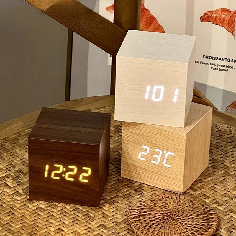 Wooden LED Digital Alarm Clock Cube Design with Temperature Display and Sound Control — Main Image