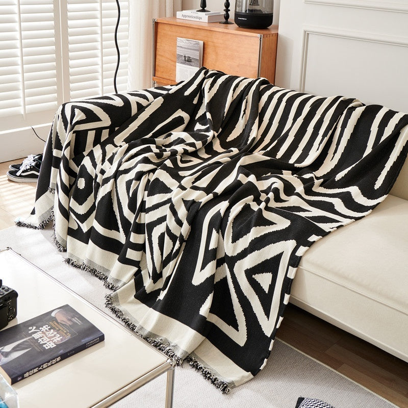 Geometric Pattern Cotton Sofa Cover Black White Woven Couch Protector — Image 3