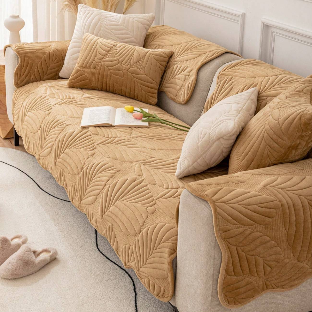 Pet-Friendly Quilted Sofa Cover Beige Polyester Non-Slip Protector — Image 4