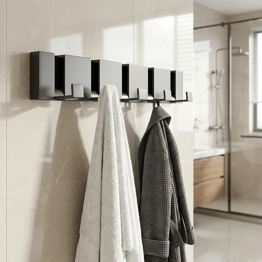 Modern Wall-Mounted Foldable Coat Rack Aluminum Black 6 Hooks Space-Saving Bathroom Kitchen Entryway — Main Image