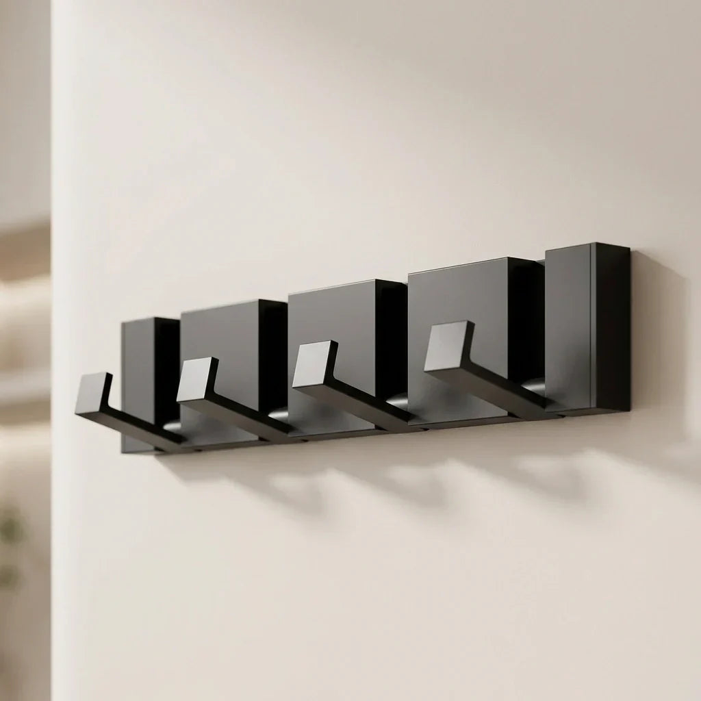 Modern Wall-Mounted Foldable Coat Rack Aluminum Black 6 Hooks Space-Saving Bathroom Kitchen Entryway — Image 8
