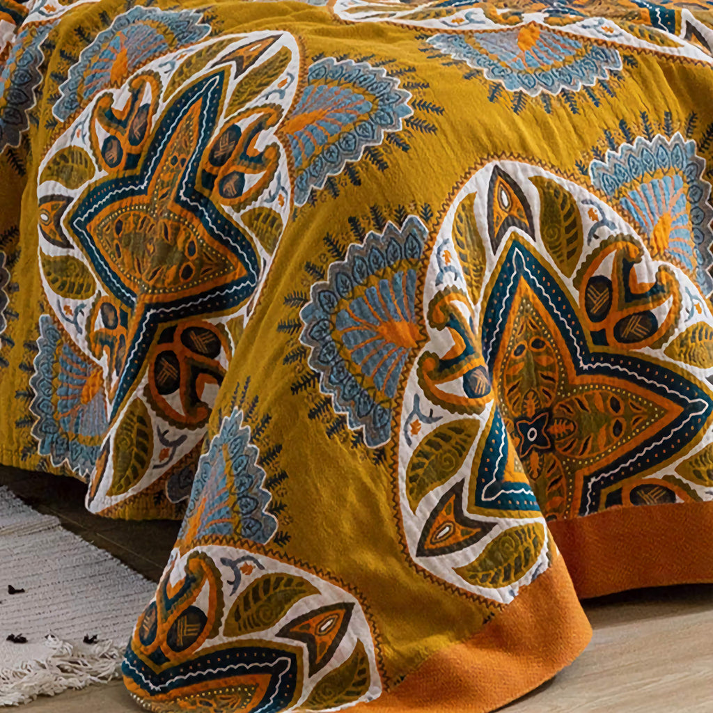 Bohemian Mandala Pattern Cotton Bedspread King Size Teal Yellow Reversible Quilt — Image 5