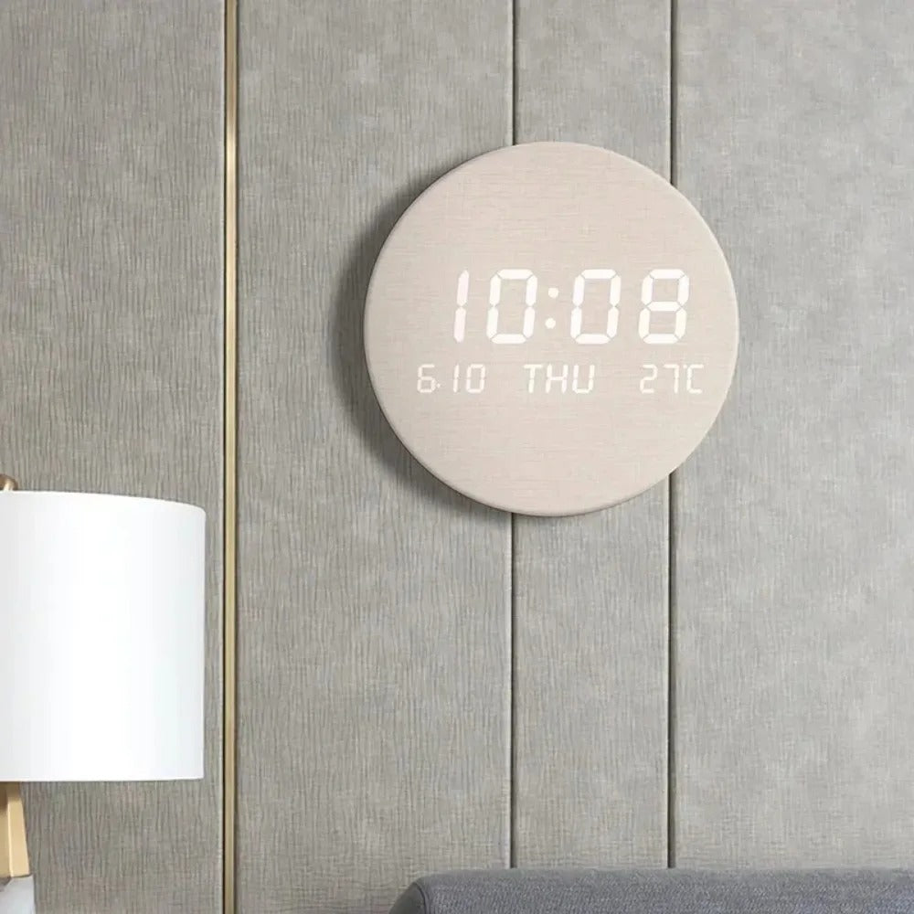 Modern Wooden LED Wall Clock Round Digital Display with Temperature Date Function — Image 6