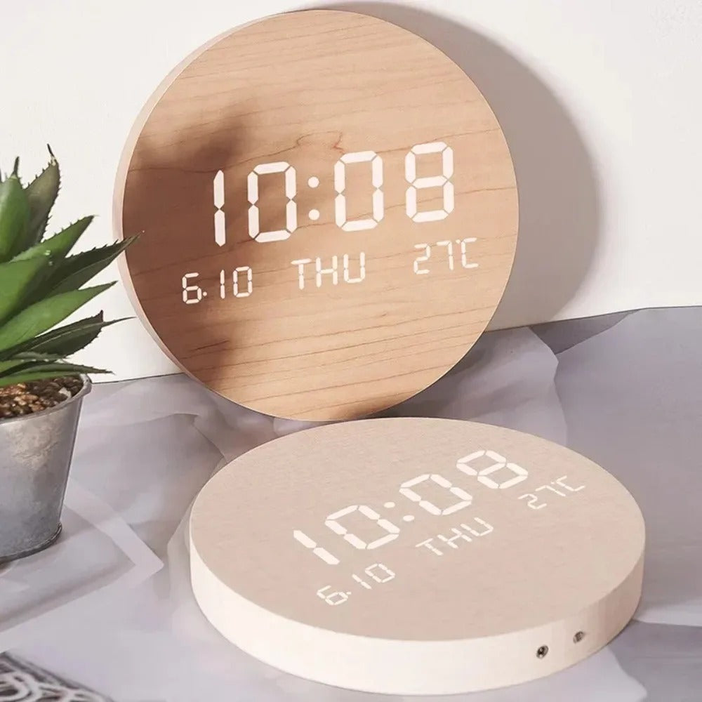 Modern Wooden LED Wall Clock Round Digital Display with Temperature Date Function — Image 4