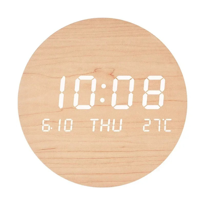 Modern Wooden LED Wall Clock Round Digital Display with Temperature Date Function — Image 7