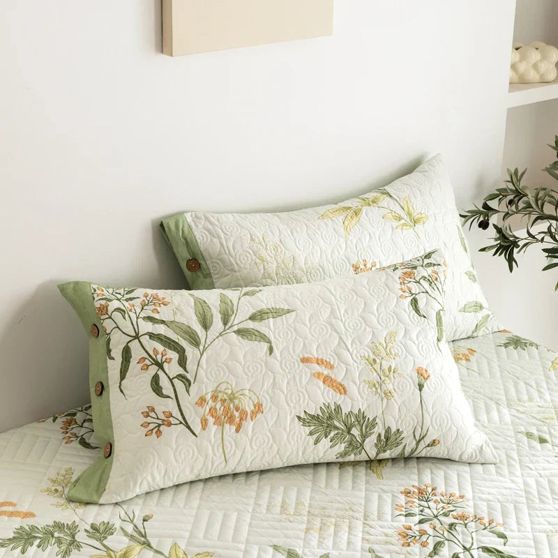 Floral Quilted Bedspread Set Cotton Green Botanical Pattern King Size — Image 3