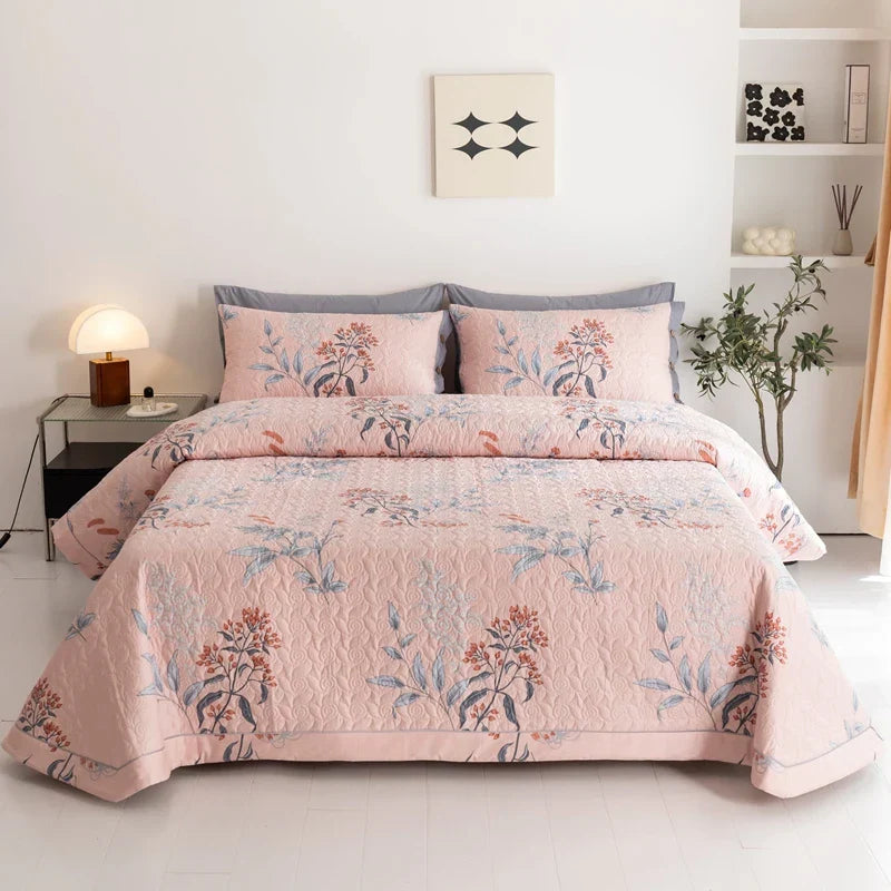 Floral Quilted Bedspread Set Cotton Green Botanical Pattern King Size — Image 12