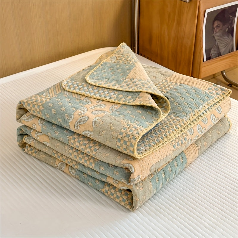 Elegant Patchwork Cotton Quilt Blanket Reversible Beige Blue Soft Lightweight Bedding — Image 9