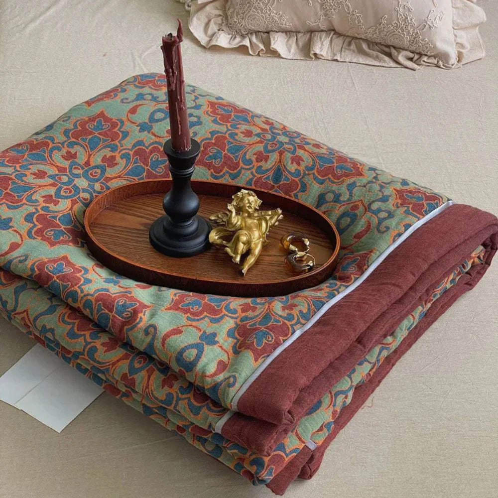 Luxury Cotton Floral Bedspread Reversible Quilt Red Green All-Season Bedding — Image 3