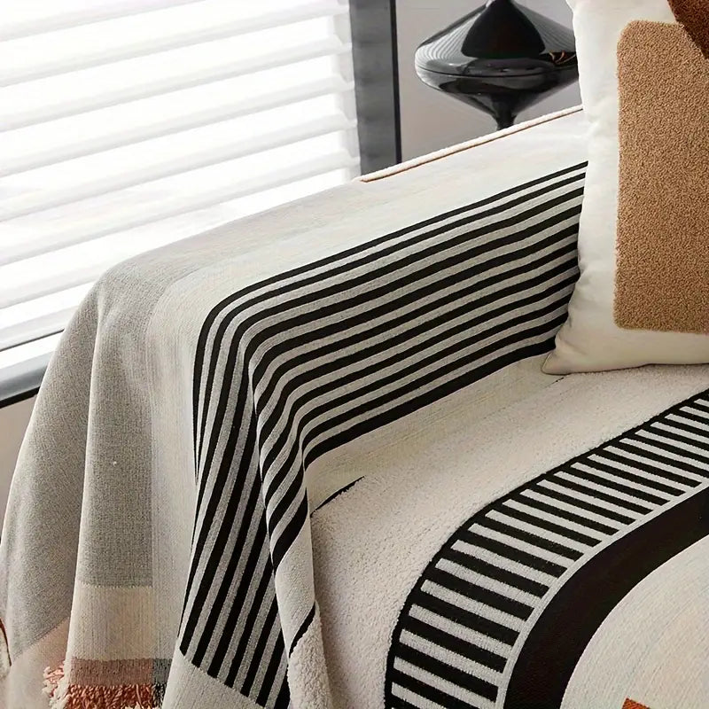 Modern Geometric Cotton Sofa Throw Blanket Black White Orange Striped Decorative Living Room Cover — Image 5