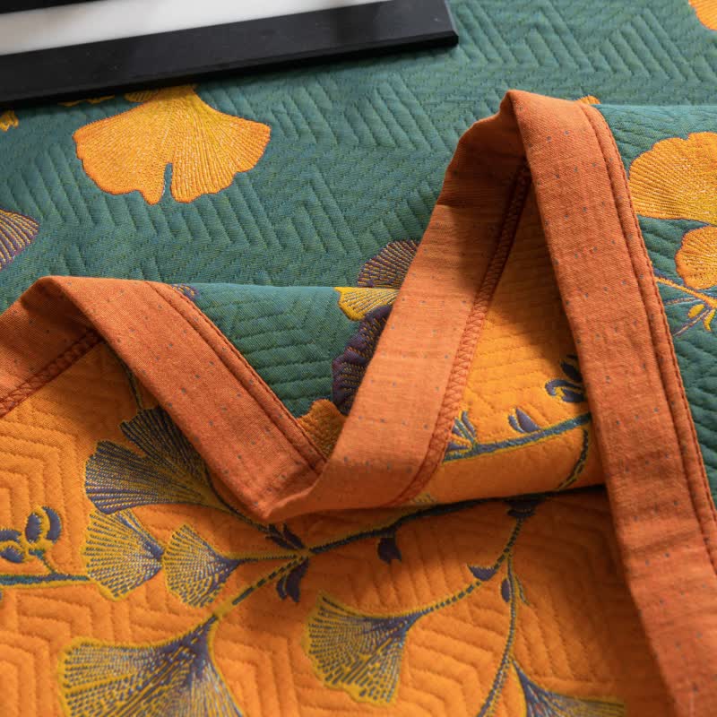 Luxury Floral Quilt Set Cotton Green Orange Reversible King Size Bedding — Image 3