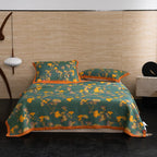 Luxury Floral Quilt Set Cotton Green Orange Reversible King Size Bedding — Image 2