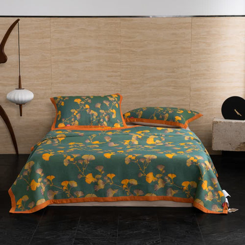 Luxury Floral Quilt Set Cotton Green Orange Reversible King Size Bedding — Image 2