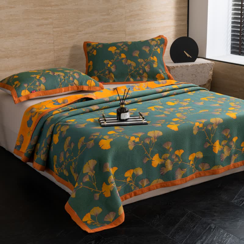 Luxury Floral Quilt Set Cotton Green Orange Reversible King Size Bedding — Image 5
