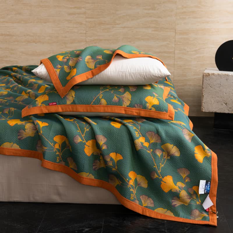 Luxury Floral Quilt Set Cotton Green Orange Reversible King Size Bedding — Main Image