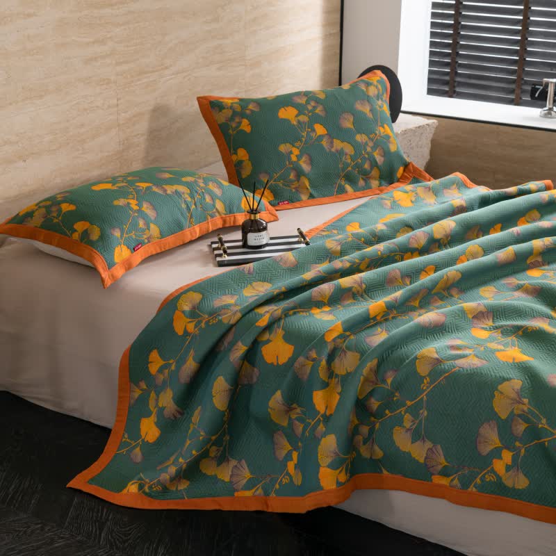 Luxury Floral Quilt Set Cotton Green Orange Reversible King Size Bedding — Image 7