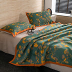 Luxury Floral Quilt Set Cotton Green Orange Reversible King Size Bedding — Image 7