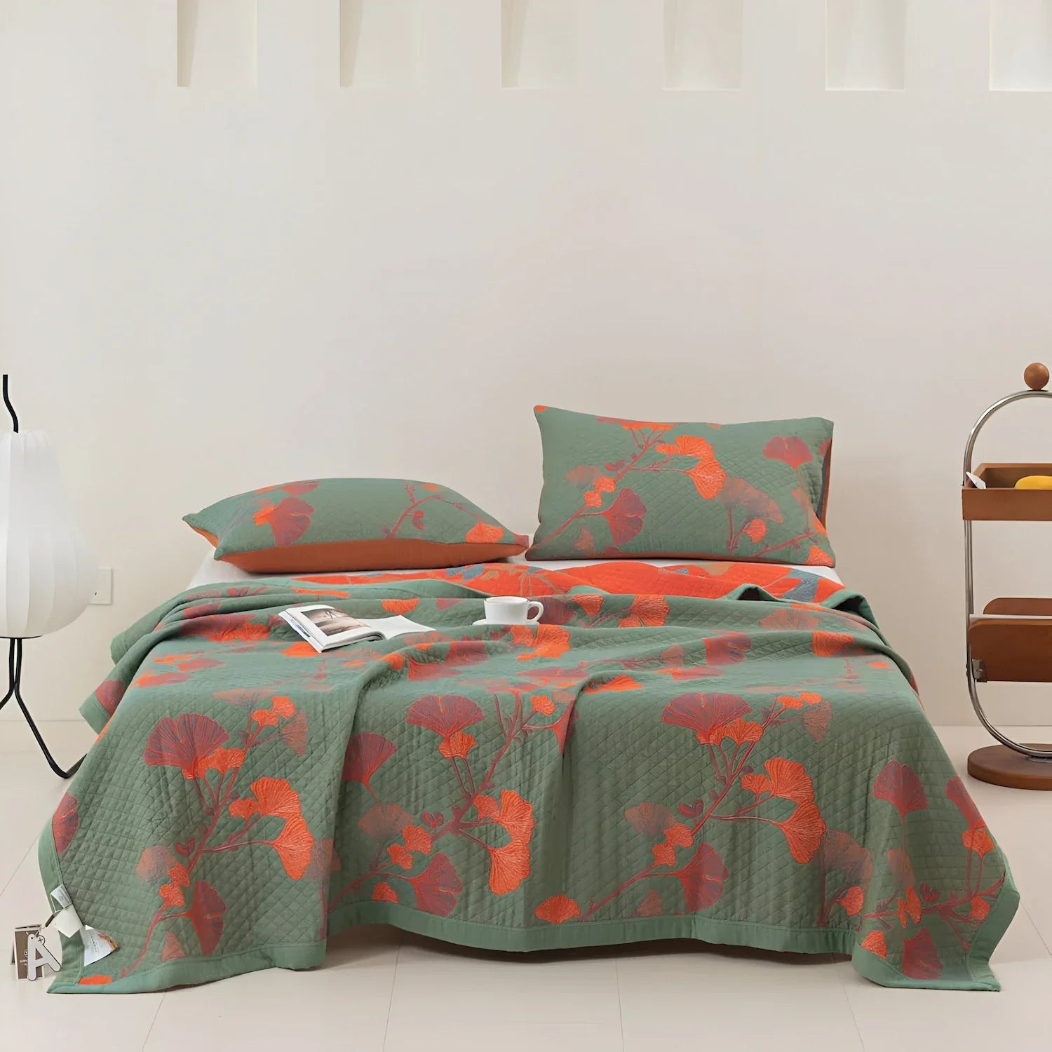 Elegant Floral Quilted Bedspread Set Green Orange Cotton King Size Bedding — Main Image