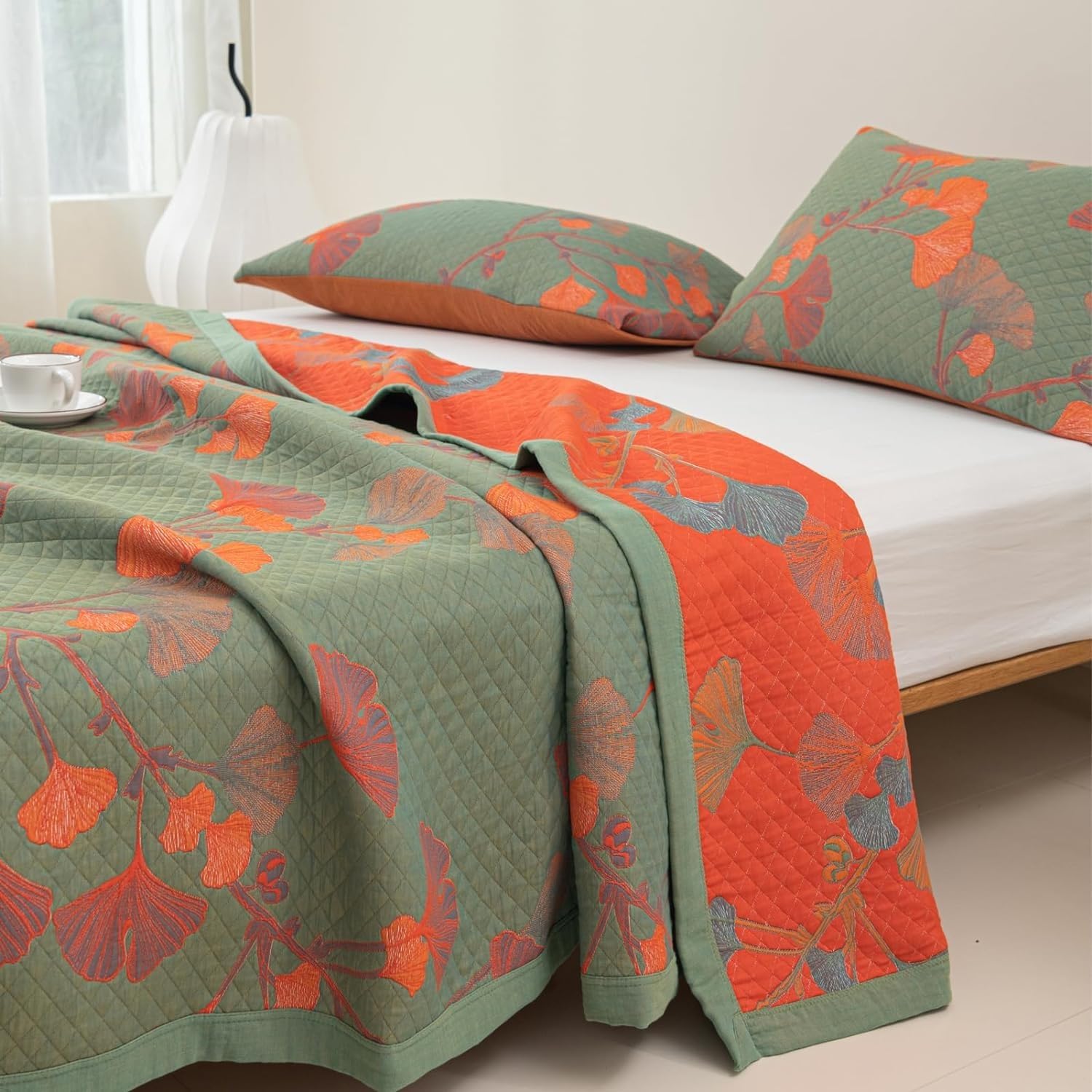 Elegant Floral Quilted Bedspread Set Green Orange Cotton King Size Bedding — Image 2