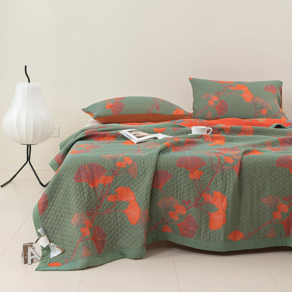 Elegant Floral Quilted Bedspread Set Green Orange Cotton King Size Bedding — Image 8